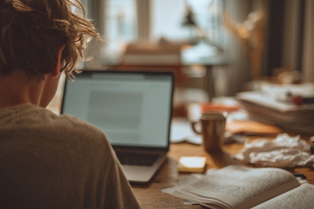 Person von hinten zu sehen, wie er am Laptop sitzt am Schreibtisch mit vielen Utensilien und versucht einen Blogartikel zu schreiben.